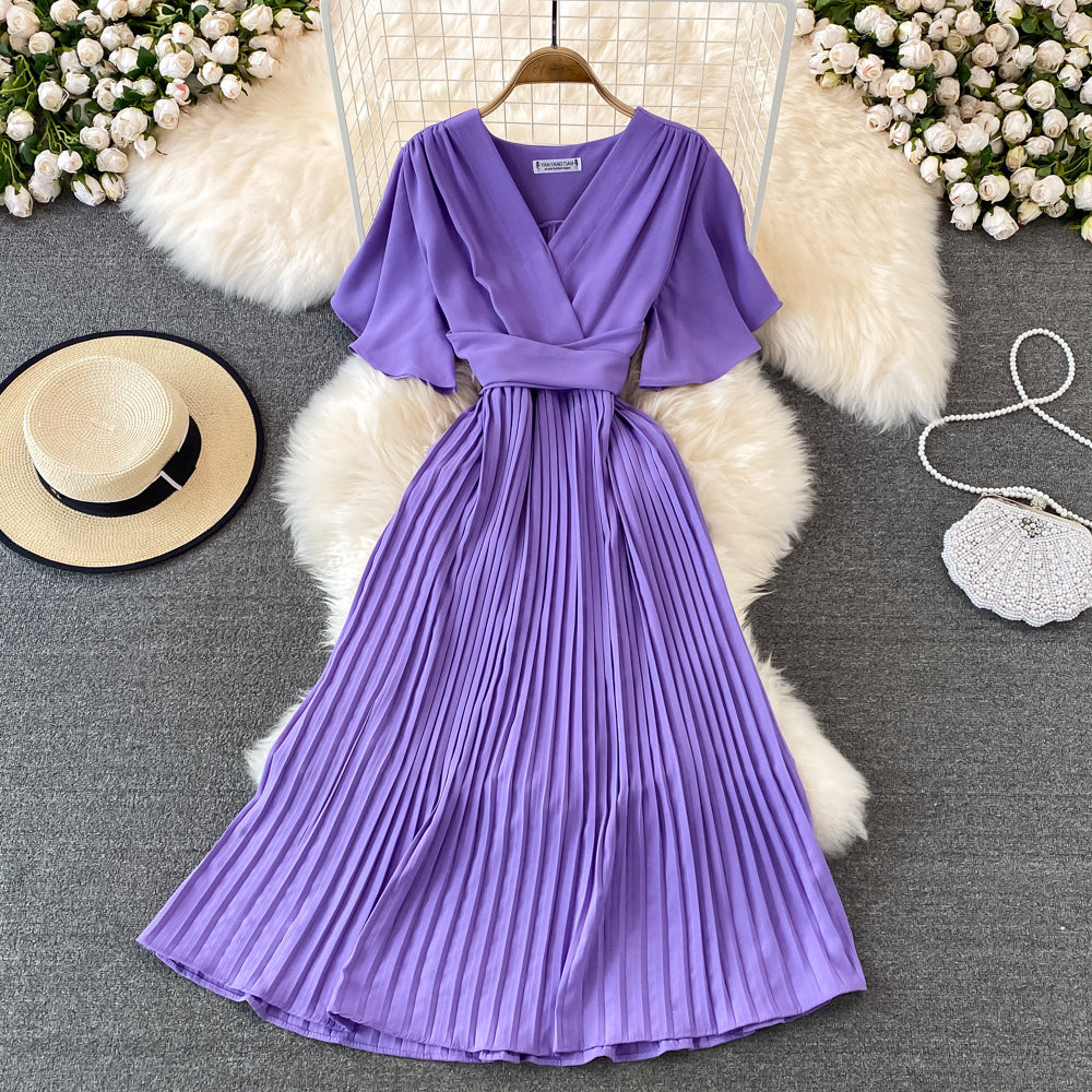 2025 summer new V-neck short-sleeved dress over the knee slim temperament waist lace-up big pendulum pleated long dress