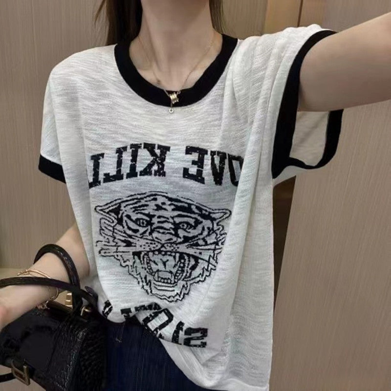 Spring and summer bamboo cotton shirt 2025 summer fashion letter printing loose short sleeve women's foreign style versatile and thin top