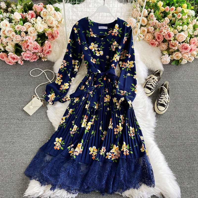 Retro floral V-neck waist thin lace splicing pleated dress color fashion temperament big pendulum long skirt