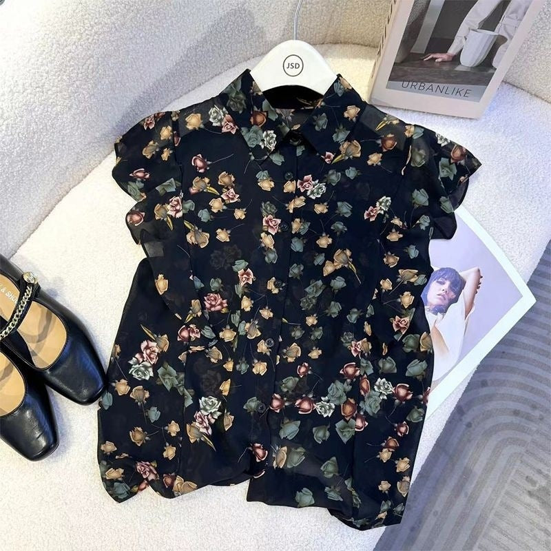 Vintage high-end foreign floral chiffon shirt small fashionable fresh Polo collar ruffled edge flying sleeve top