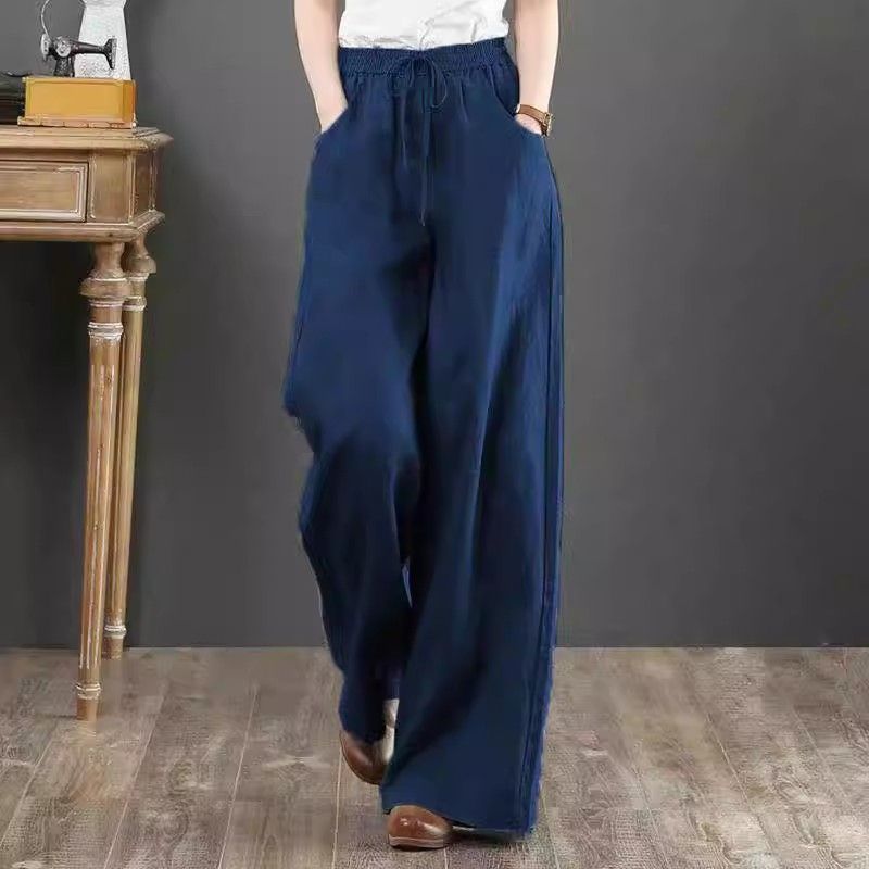 Literary cotton and linen women's pants high-waisted mopping pants straight trousers linen pants loose large size wide-leg pants