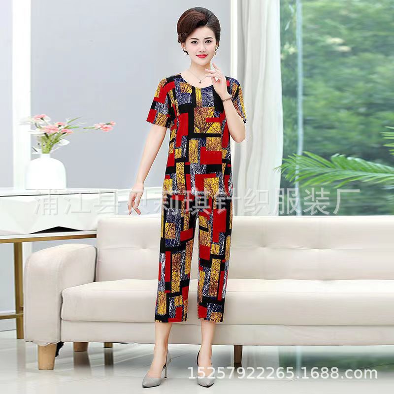 Middle-aged and elderly mother summer two-piece suit middle-aged women's suit women's suit middle-aged and elderly suit