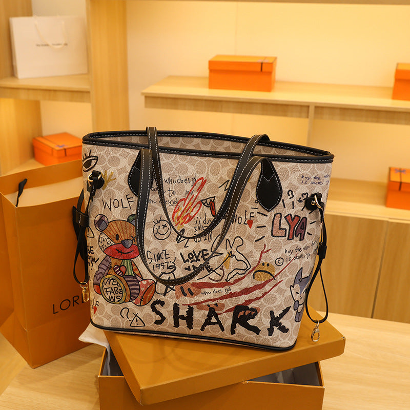 2025 new bag cartoon bear soft skin graffiti printing tote bag handbag large capacity