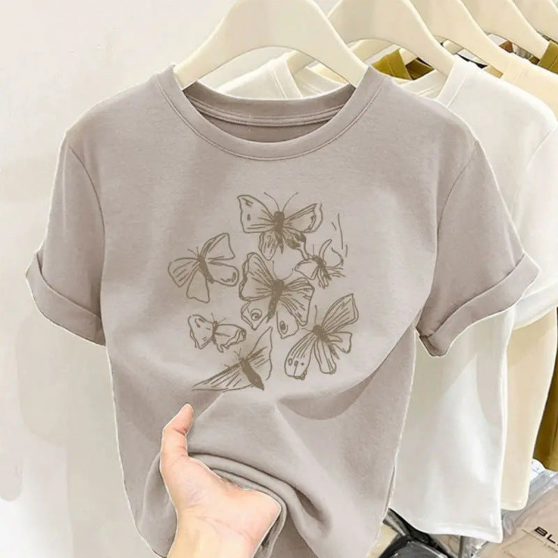 Retro butterfly pure cotton design sense round neck printed short sleeve T-shirt women's summer slim fit versatile foreign style top tide