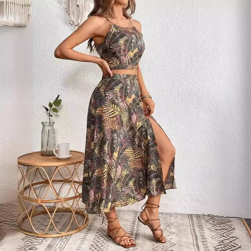 Amazon Tropical Print Camisole Top Sexy Slit Skirt Set