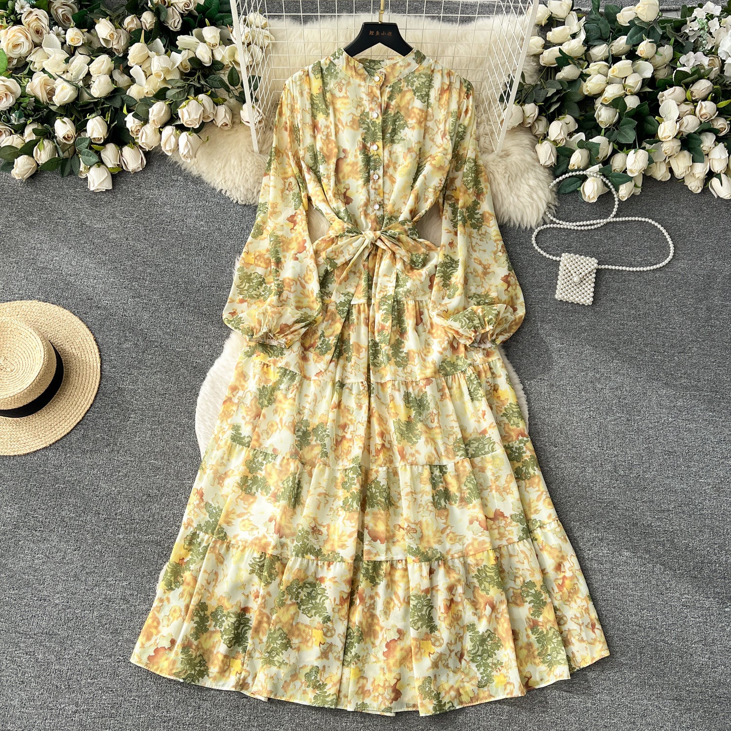 New French floral chiffon dress women's autumn wear new kneee-length dress gentle wind waist gas