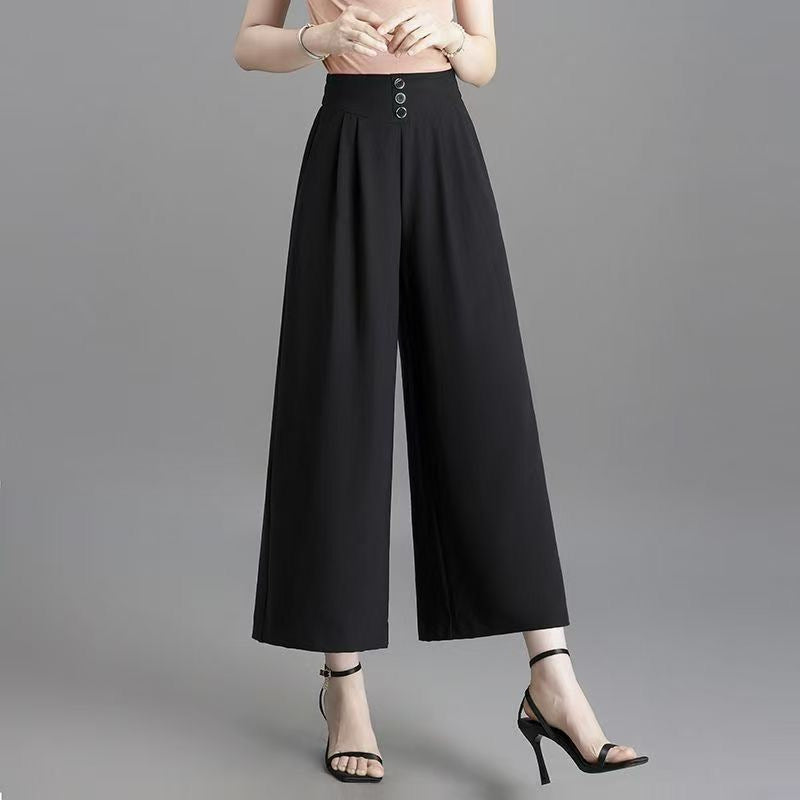 Ice silk wide-leg cropped skirt pants for women in summer thin style fashionable loose slimming covering flesh draped elastic waist casual pants