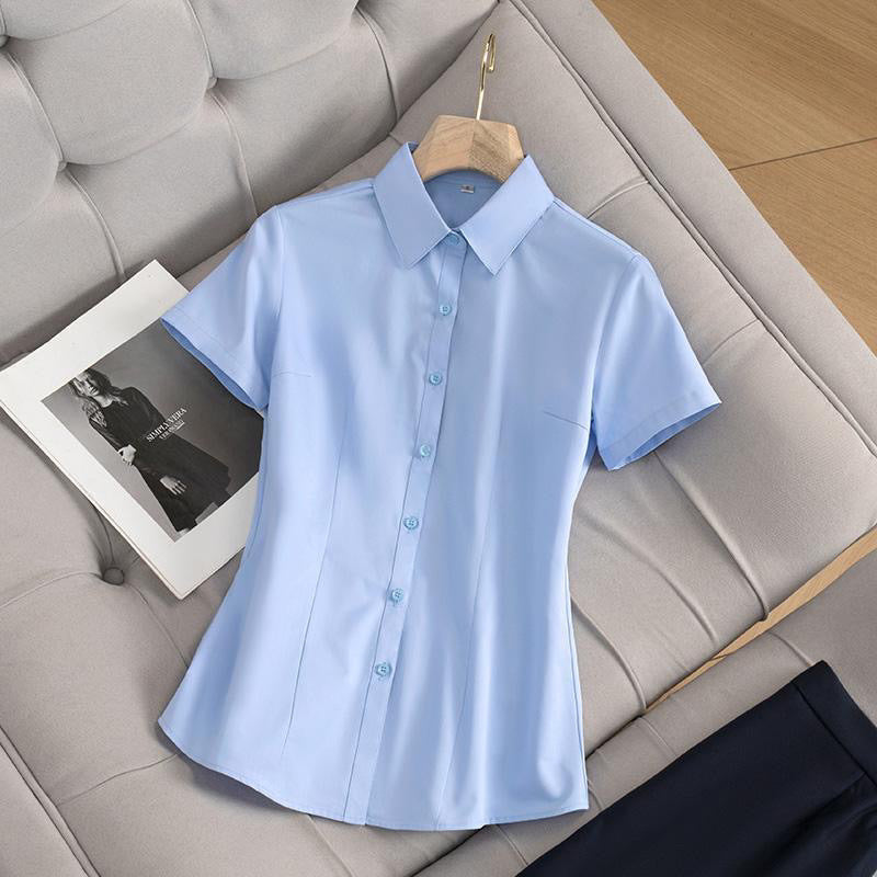 High elasticity professional women's summer new short-sleeved black shirt hotel beauty salon formal tooling work clothes shirt