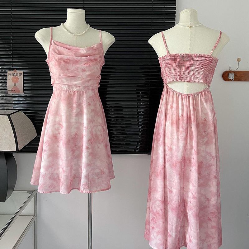French gentle wind floral suspender dress women's summer temperament waist thin chiffon skirt design sense new