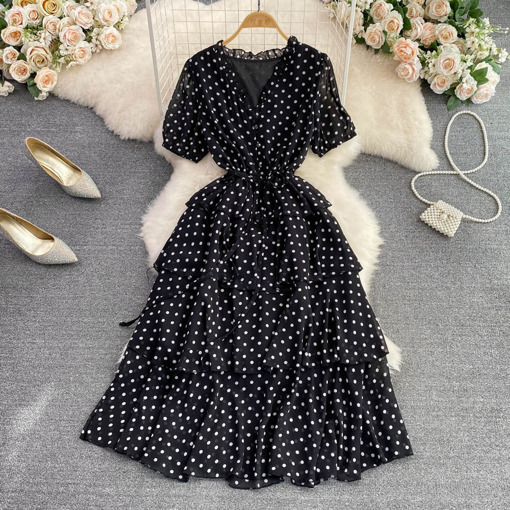 Summer gentle wind collar bubble short sleeves waist thin polka dot dress elegant temperament big pendulum long skirt
