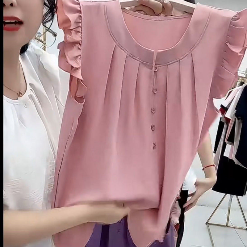 Sleeveless top French 2025 foreign style shirt thin summer doll round neck loose new sweet explosion