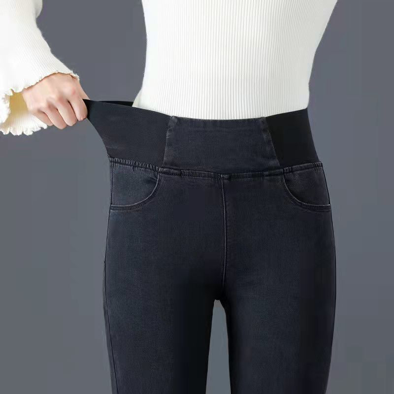 Fleece elastic waist jeans women's autumn and winter high waist and thin large size outer wear belly small feet pencil pants