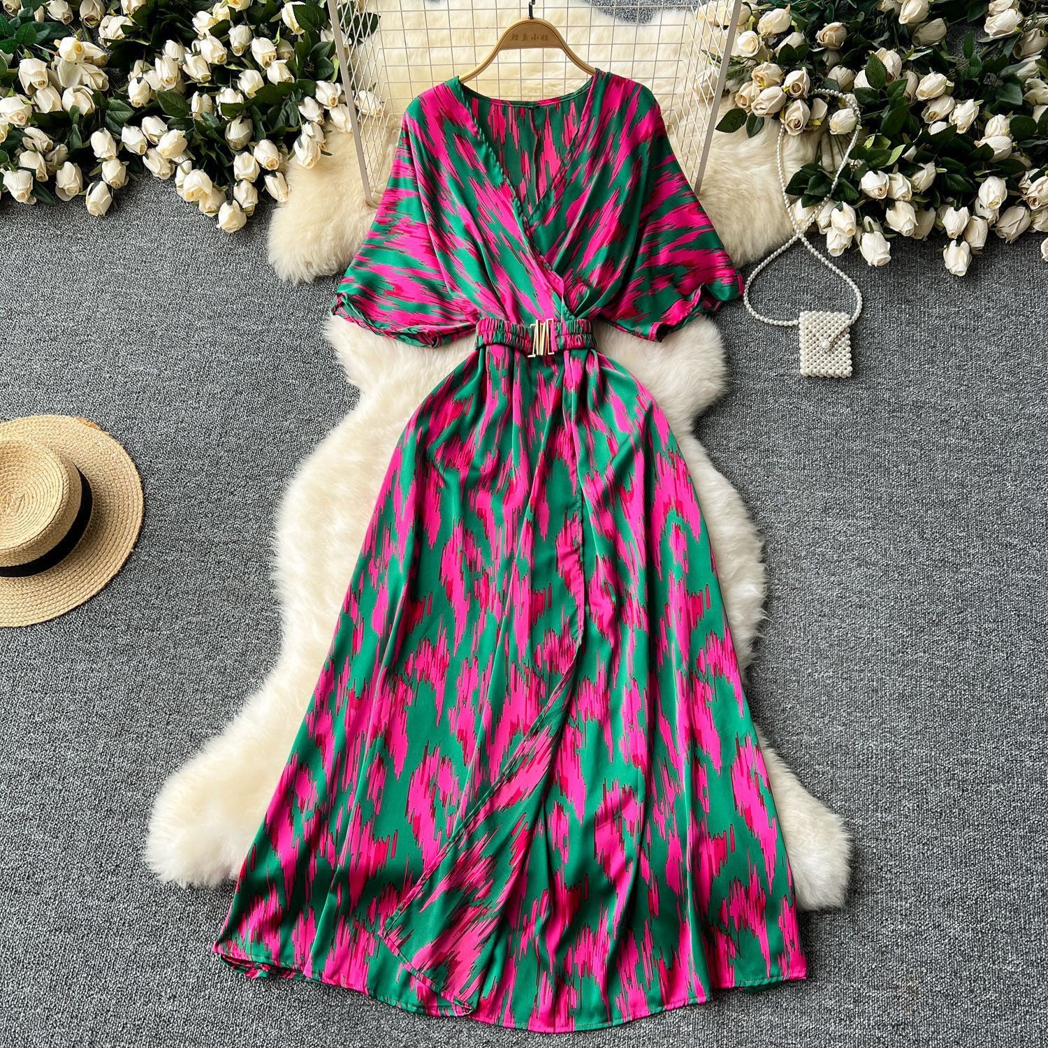 Summer new European and American style niche light luxury retro collar waist thin big swing split printing dress