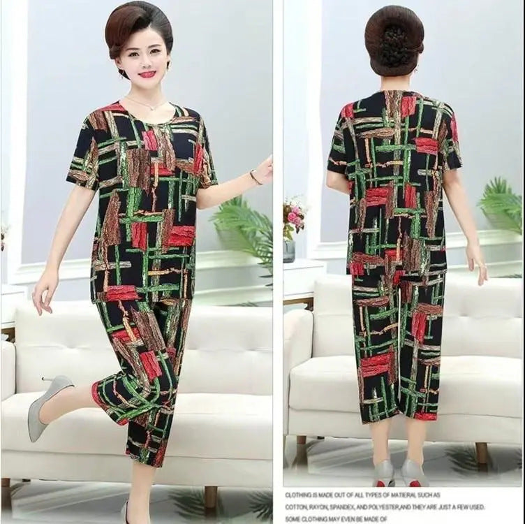 Middle-aged and elderly mother summer two-piece suit middle-aged women's suit women's suit middle-aged and elderly suit