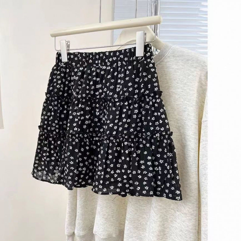 Black floral cake skirt spring and summer small 2025 high waist and thin anti-light puffy skirt
