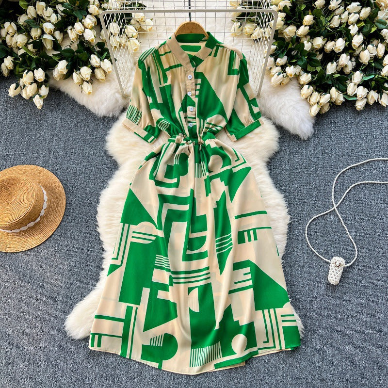 Niche design sense printed dress women's 2025 new summer dress space-up waist thin medium and long holiday skirt