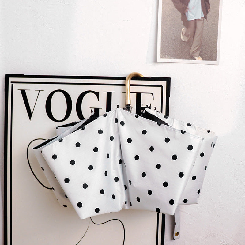 Round polka dot curved hook handle burgundy weather and rain parasol sun protection UV protection new folding sun umbrella vinyl