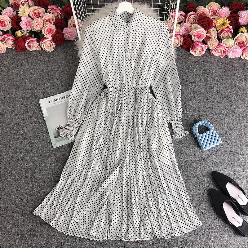 French dress spring 2025 new women's polo collar slim long polka dot chiffon pleated skirt tide