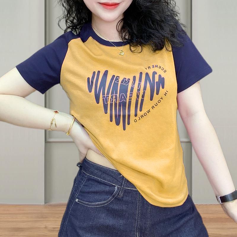 2025 summer new cotton round neck short-sleeved shoulder sleeve T-shirt women's contrasting colors versatile and thin loose large size top