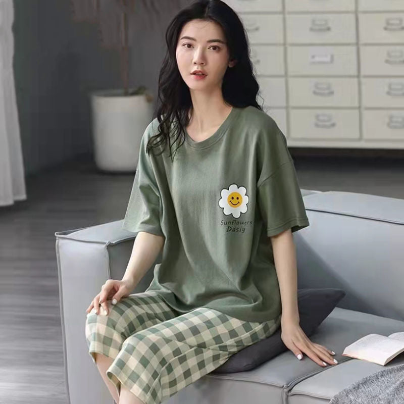 2025 new spring and autumn women's loungewear women's suit casual home summer short-sleeved cropped pants pajamas