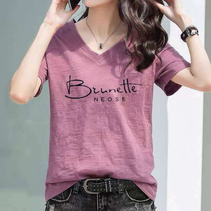2025 summer new versatile thin bamboo cotton V-neck printed letter T-shirt short-sleeved Korean version loose large size top