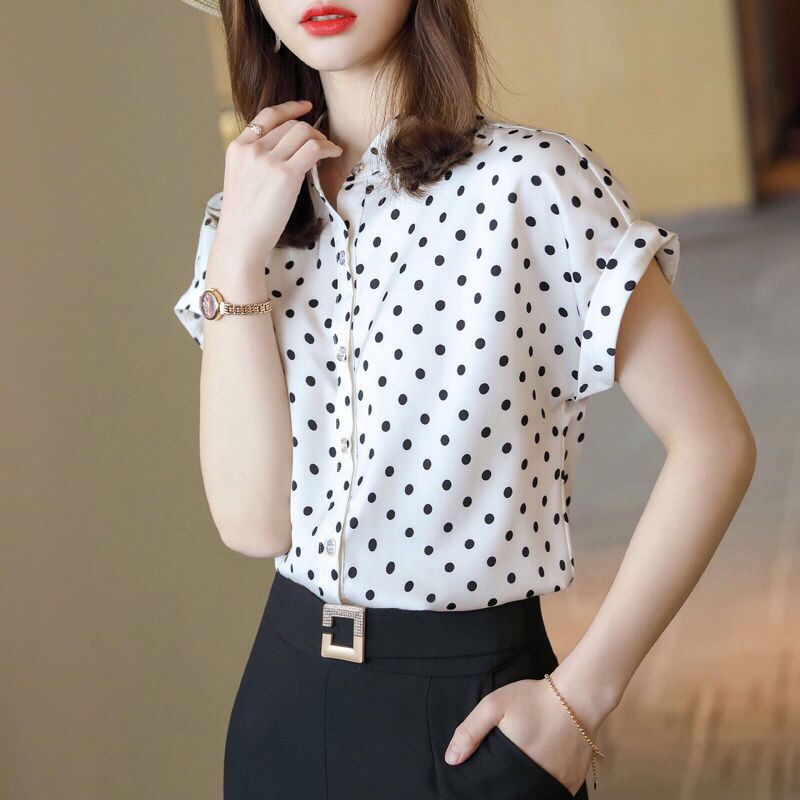 Polka dot top chiffon shirt stand-up collar shirt women's clothing 2025 new summer short-sleeved fashion Muse shirt short-sleeved women