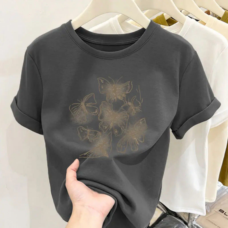 Retro butterfly pure cotton design sense round neck printed short sleeve T-shirt women's summer slim fit versatile foreign style top tide