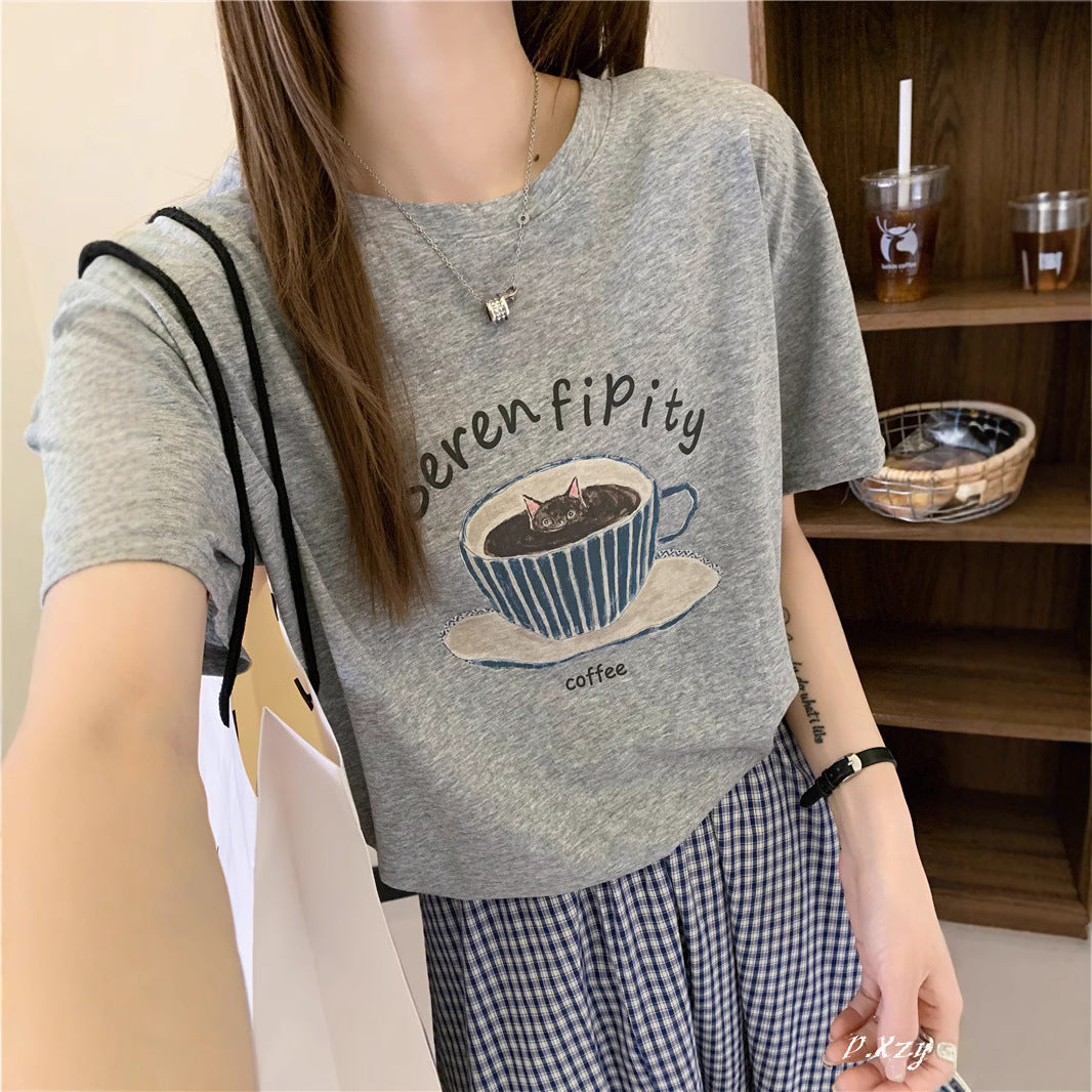 BK summer new Korean version casual women's short-sleeved crew neck T-shirt simple and cute cartoon thin cotton shirt women's versatile