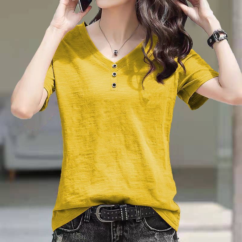 Single/two pieces bamboo cotton V-neck short-sleeved T-shirt women's 2025 summer clothing Korean version of the new loose large size thin top tide