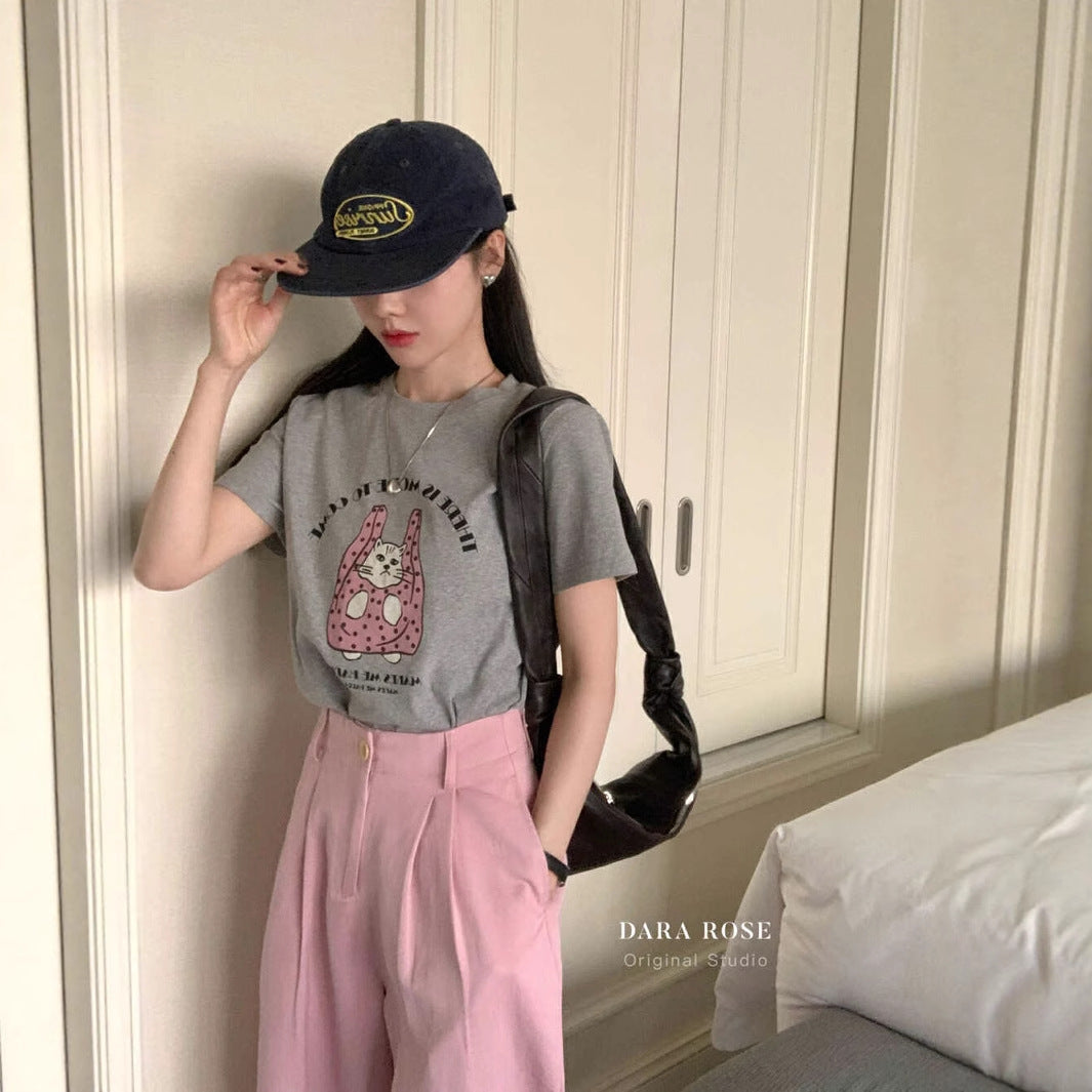 Niche design sense casual T2025 summer new Korean design sense cartoon cat print short-sleeved T-shirt top