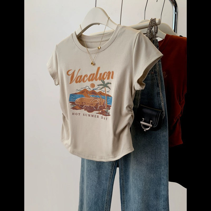 American retro printed front shoulder short-sleeved T-shirt for women's summer spice slim and thin pleated short top i