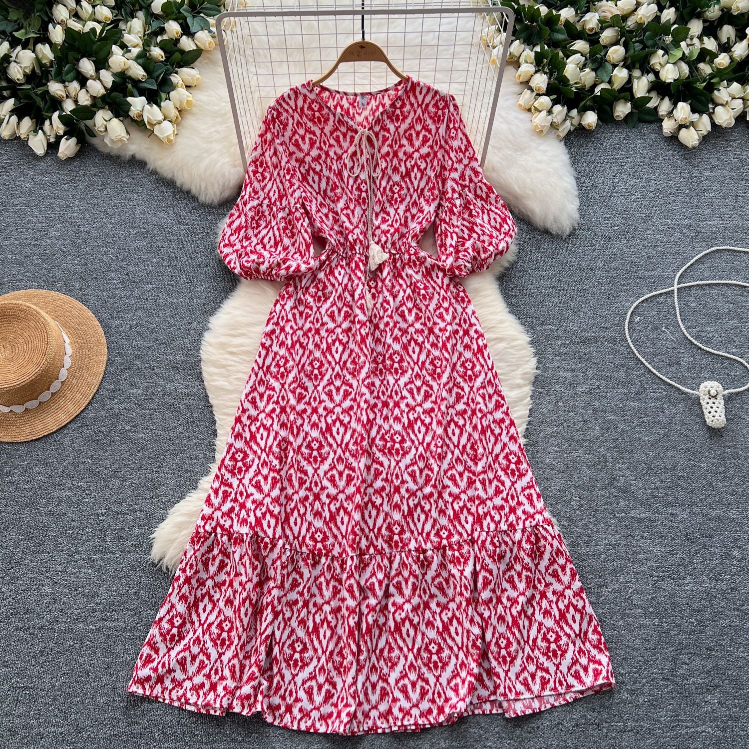 French retro bubble sleeve floral dress women's summer strap waist design sense light luxury temperament big swing dress