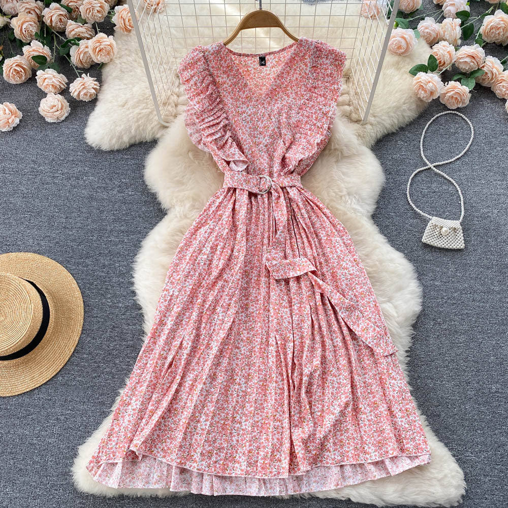 Summer Korean fungus edge girl retro sweet small fresh floral dress space-up waist pleated skirt