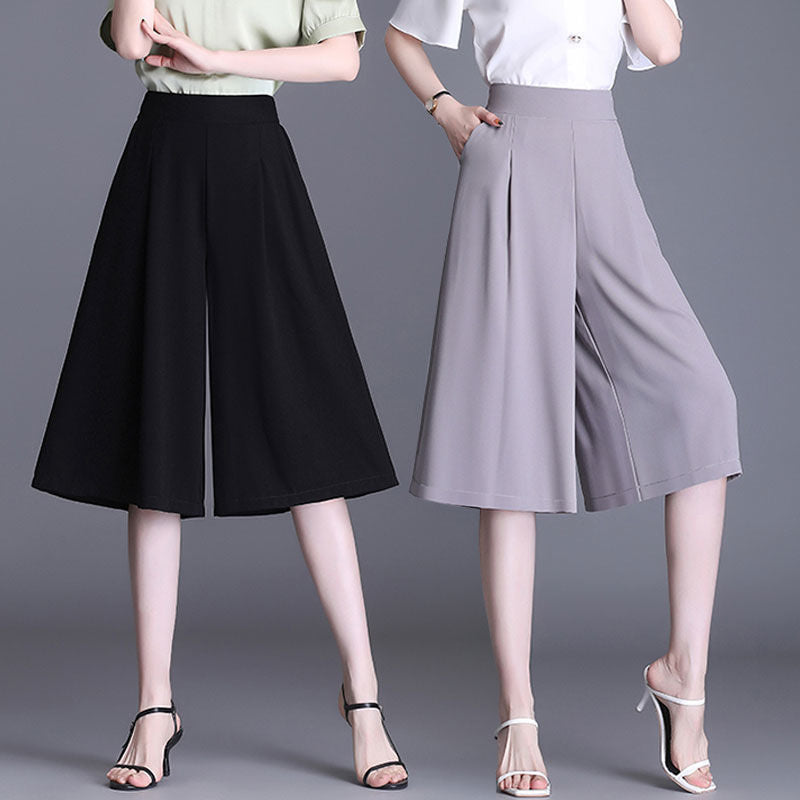 Trendy summer cropped pants 2025 new women's cropped pants women's loose trousers skirt wide-leg pants thin ice silk shorts