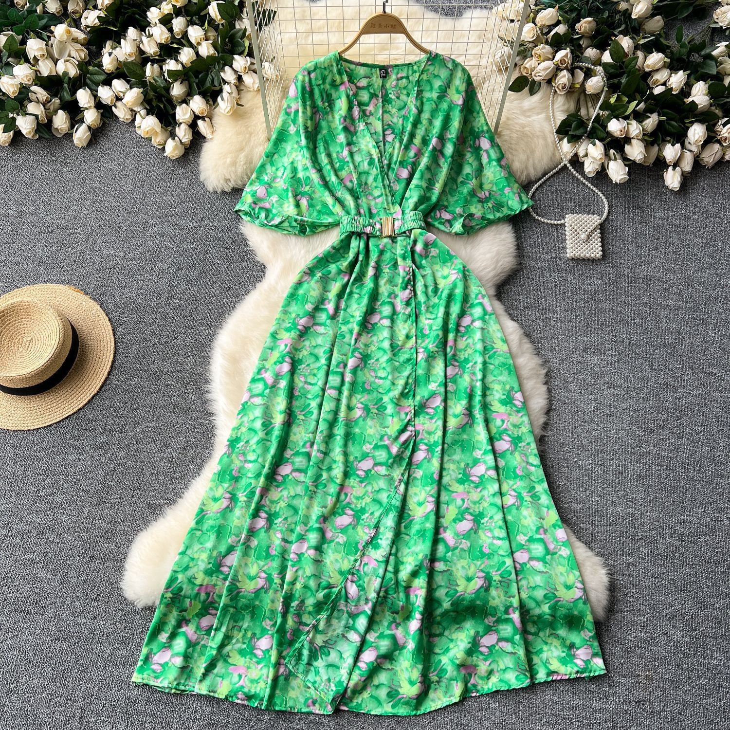 Summer new European and American style niche light luxury retro collar waist thin big swing split printing dress