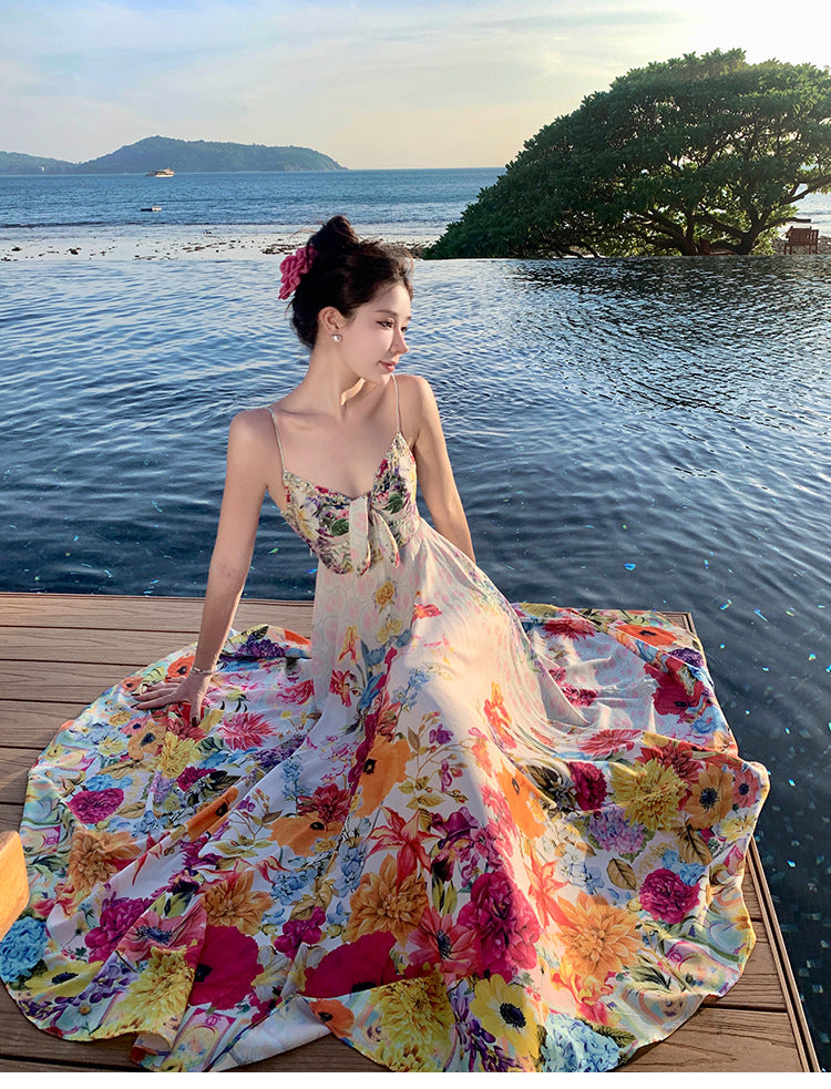 Women's summer beach long skirt colorful floral suspenders high waist holiday dress