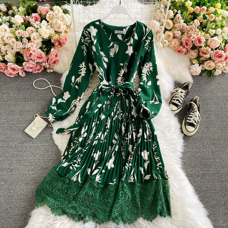Retro floral V-neck waist thin lace splicing pleated dress color fashion temperament big pendulum long skirt