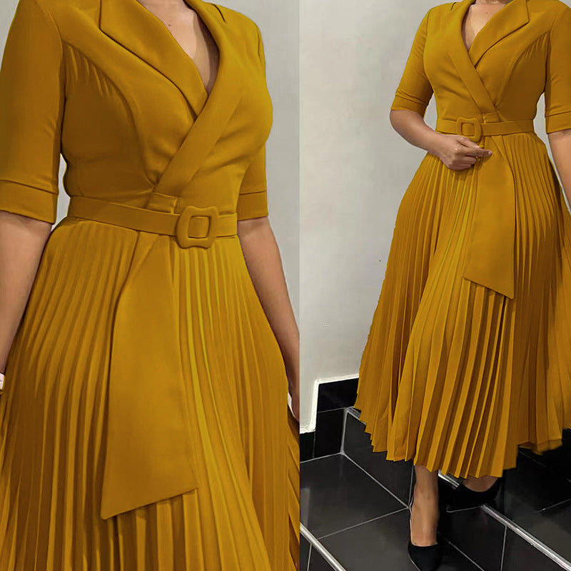 2025 new fashion foreign trade women's clothing suit collar fashion strap waist pleated dress