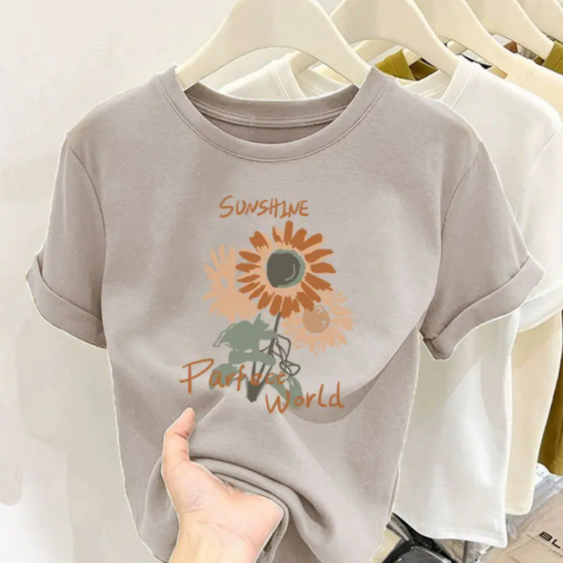 Retro butterfly pure cotton design sense round neck printed short sleeve T-shirt women's summer slim fit versatile foreign style top tide