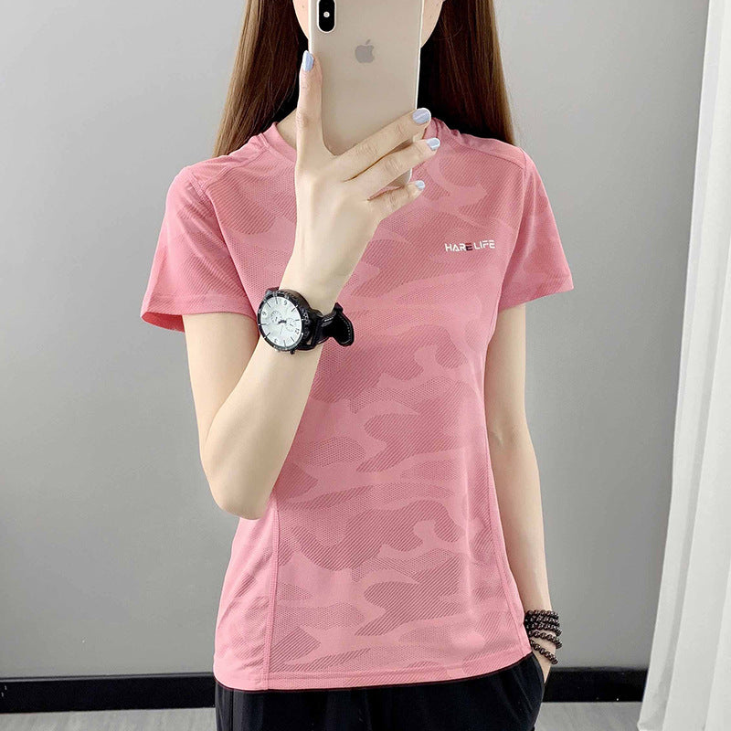 Outdoor quick-drying t-shirt women's sports running fitness loose round neck camouflage thin micro-elastic summer short-sleeved quick-drying clothes