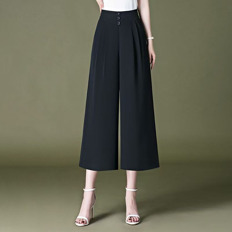 Ice silk wide-leg cropped skirt pants for women in summer thin style fashionable loose slimming covering flesh draped elastic waist casual pants