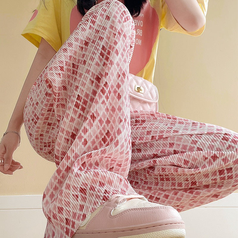 Pink tie-dye floor pants women's summer loose draped straight pants casual versatile wide-leg pants