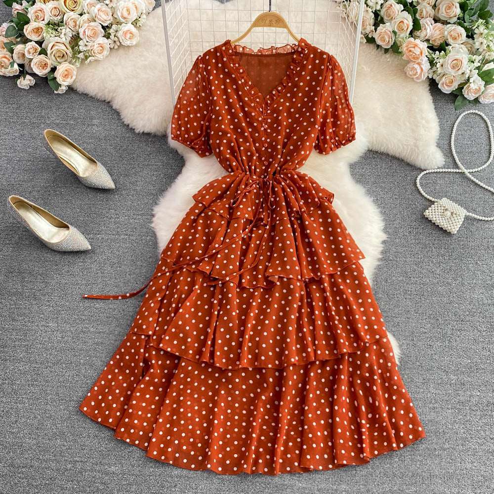 Summer gentle wind collar bubble short sleeves waist thin polka dot dress elegant temperament big pendulum long skirt