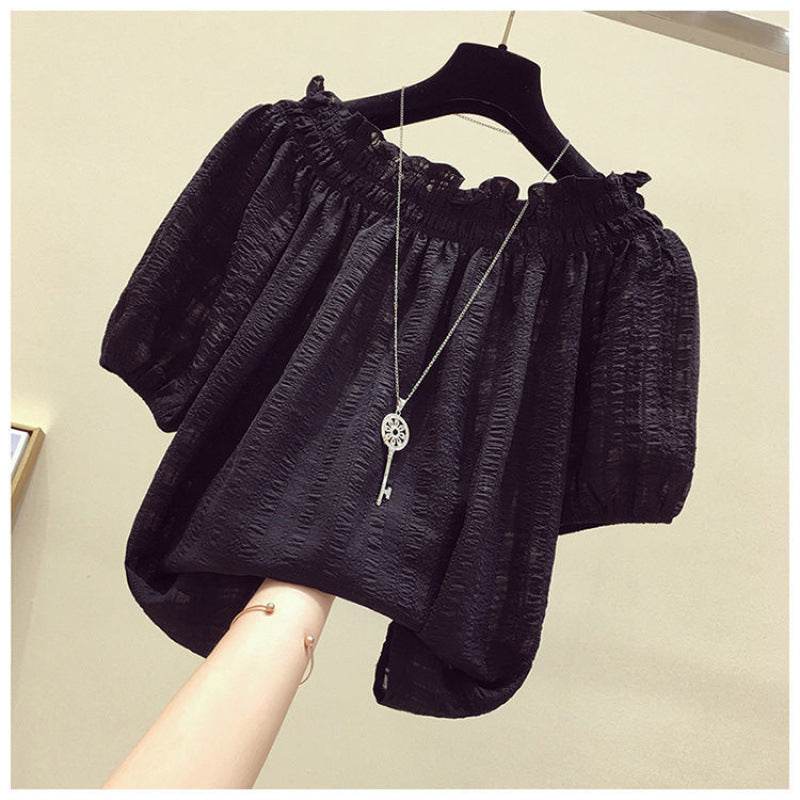 Korean bubble sleeve pleated age-reducing chiffon shirt 2025 summer new one-word collar off-the-shoulder temperament belly cover top