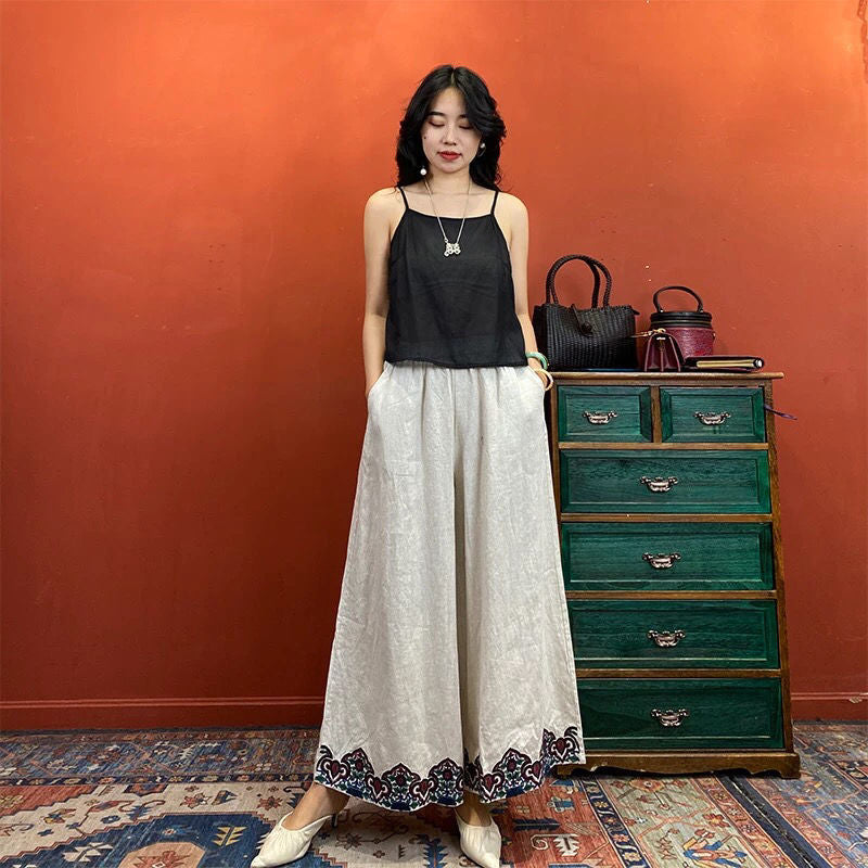 Ethnic style pants fashion Chinese style embroidered wide-leg pants retro versatile personality nine-point pants women