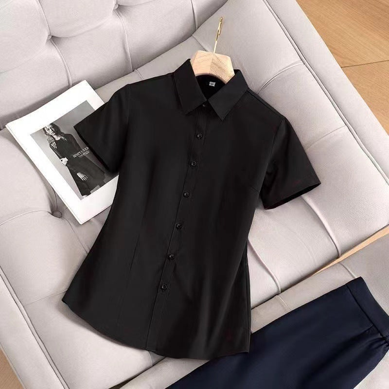 High elasticity professional women's summer new short-sleeved black shirt hotel beauty salon formal tooling work clothes shirt