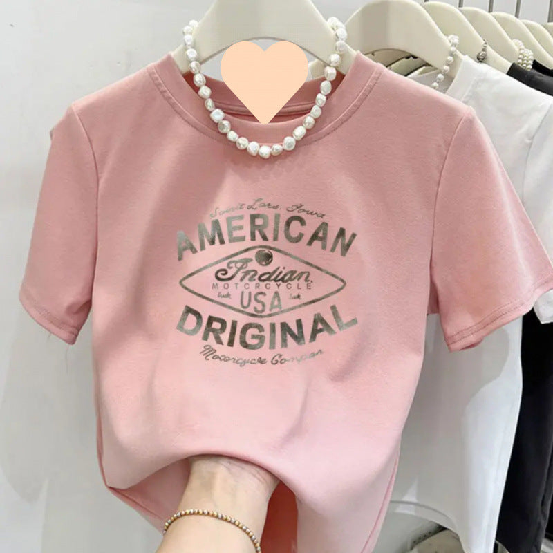 Cotton design round neck printed short-sleeved shirt for women summer slim fit all-match tops