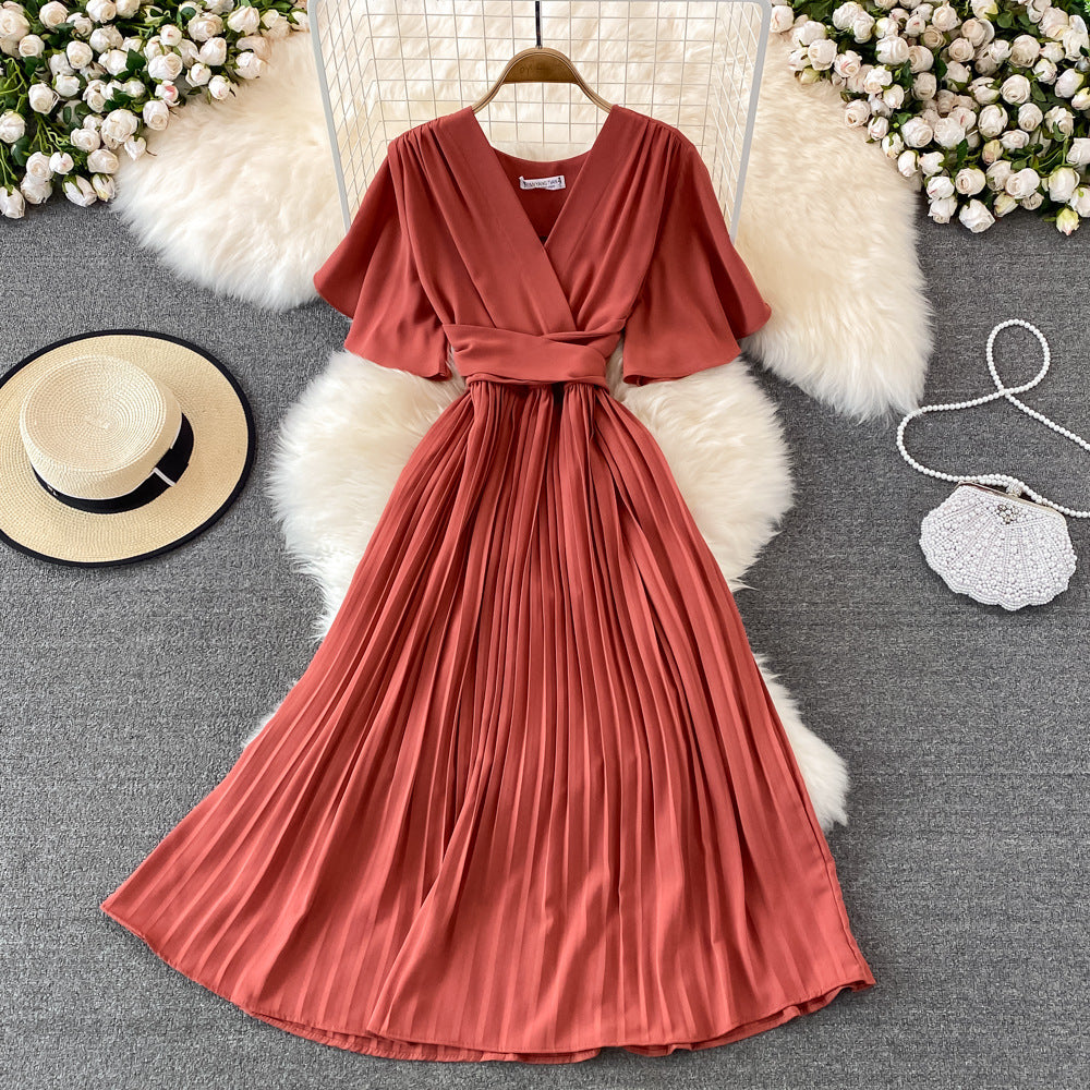 2025 summer new V-neck short-sleeved dress over the knee slim temperament waist lace-up big pendulum pleated long dress