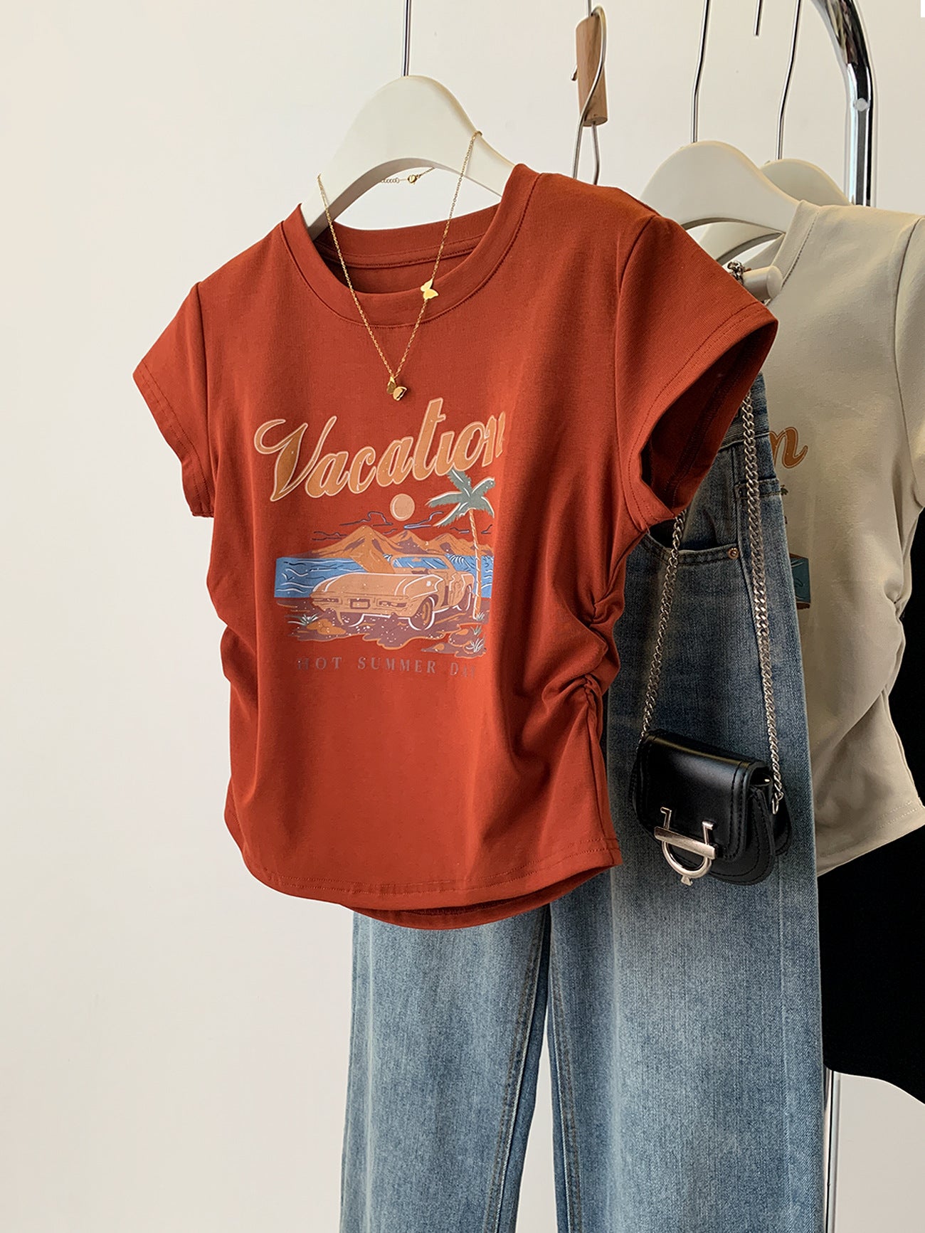 Pure cotton American retro print front shoulder short-sleeved t-shirt women's summer spice slim and thin pleated short top ins