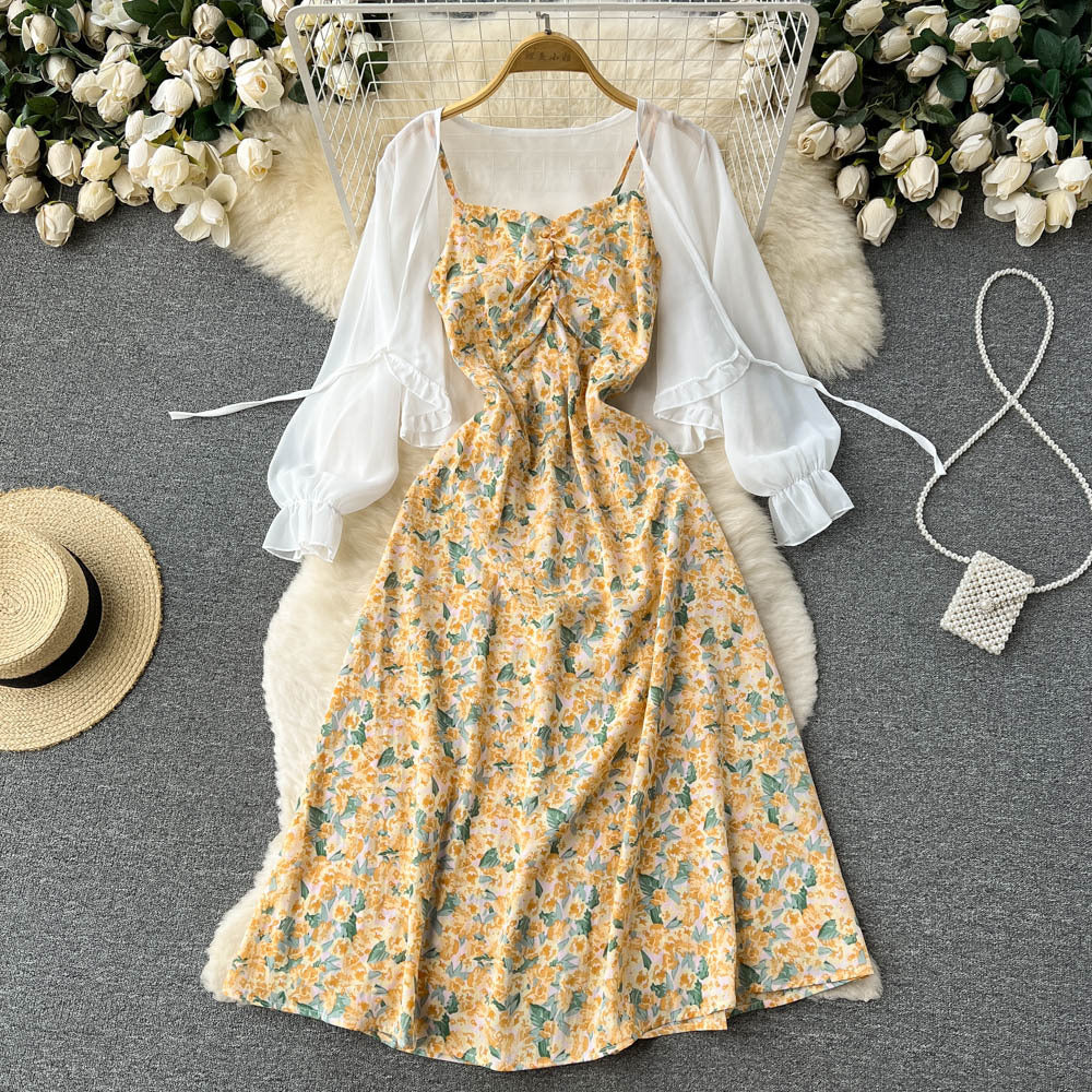 French retro age-reducing bell-covering and thin floral suspender dress chiffon shawl jacket sweet temperament two-piece set